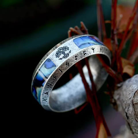 Fashion Viking Tree Of Life Stainless Steel Abalone Shell Rings For Men Odin Norse Viking Rune Rings Retro Amulet Jewelry Gift 12 best sales abalone shell ring - №7