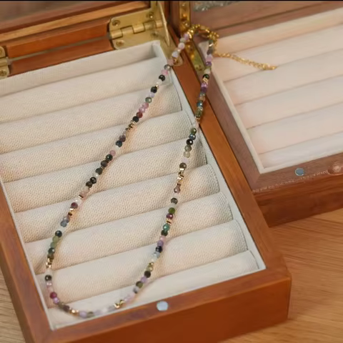 Fashion Colorful tourmaline natural stone bead necklace titanium steel accessories suitable for travel birthday parties 12 best sales tourmaline necklace - №12