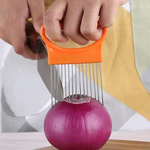 Stainless Steel Onion Cutter Holder Food Slicers Assistant Tomato Onion Slicer Holder Vegetables Cutting Fork Kitchen Gadgets 10 best sales self cut system - №3