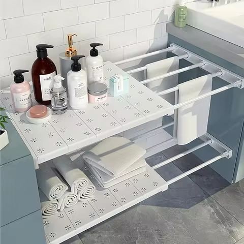 White Expandable Divider Punch-free Retractable Layers Board for Wardrobe Storage Kitchen and Bathroom Shelf Dormitory Dividers 6 best sales closet dividers - №6
