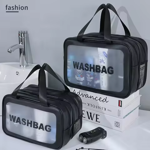Dry-wet separation double transparent PU makeup bag portable washing bag cosmetic storage bag travel fitness swimming essentials 6 best sales luxury makeup organizer - №4