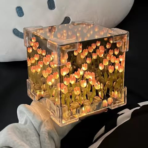 DIY Tulip Mirror Cube Lamp Simulation Flower Bedroom Sleeping Table Lamp Handmade Craft Tulips Mirror Night Light Birthday Gift 10 best sales thank you gifts - №2