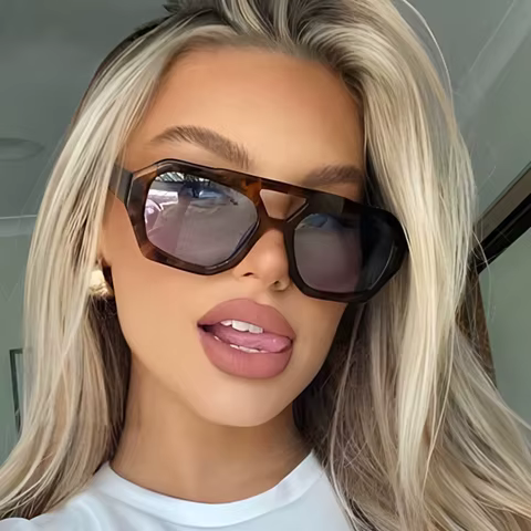 Vintage Square Sunglasses for Women Men Thick Frame Double Bridges Eyewear Female Fashion Chic Polygon Sun Glasses Leopard Blue 8 best sales sunglasses blue - №8