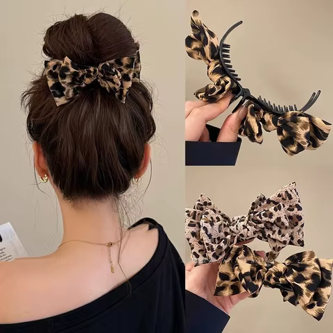 1PC Leopard Bow Marble Head Grab Clip Advanced Sense Net Red New Temperament Fashion Plate Fixed High Ponytail Hair Clip 8 best sales vintage hair clip - №2