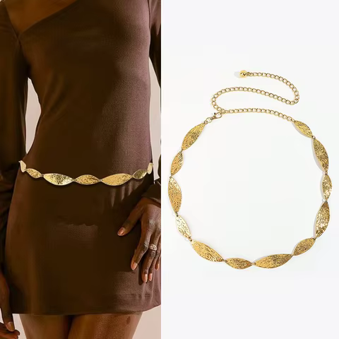 Fashion Golden Female Waist Chain Belt Western cowgirl leaf punk Metal Belts For Women Luxury Silver Waistband for summer beach 10 best sales belt silver - №9