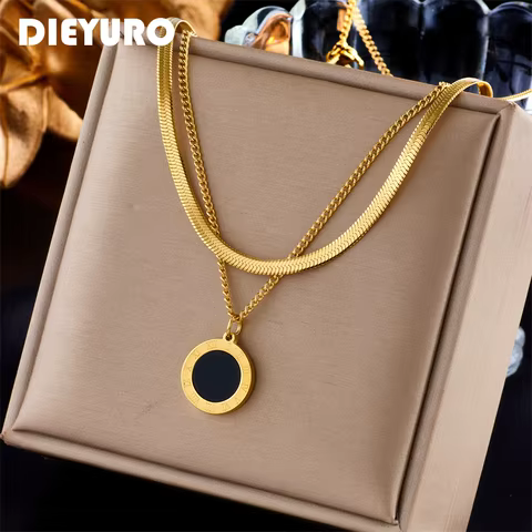 DIEYURO 316L Stainless Steel Roman Numeral Dial Pendant Necklace For Women New Trend Girls 2-Chain Choker Birthday Jewelry Gifts 12 best sales watch choker - №3