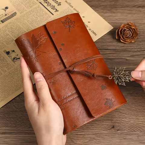 Nostalgic Fallen Leaf Spiral Ring Diary Vintage Leather Cover Travel Personalized Binder with Kraft Paper And Protective Cover 12 best sales field notes cover - №3