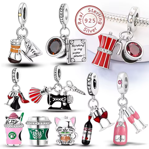 Fit Original 925 Sterling Silver Charms Beads Wine Glass Coffee Cup Charms Pendant For Women Bracelet Charms DIY Jewelry Gift 8 best sales drink charms - №6