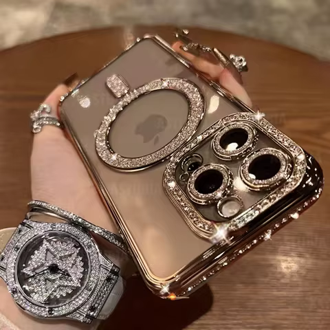 Bling Glitter Rhinestone Magnetic Wireless Charge Case for iPhone 16 15 14 13 12 11 Pro Max Plus Shockproof Pink Jewelled Cover 8 best sales cover iphone 13 pro max gucci - №3
