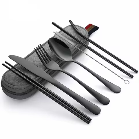 8Pcs/set Tableware Reusable Travel Cutlery Set Camp Utensils Set with stainless steel Spoon Fork Chopsticks Straw Portable case 10 best sales fork and spoon - №7