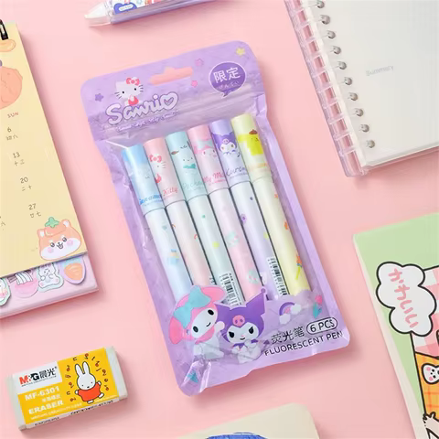 6Pcs Sanrio Hello Kitty Cinnamoroll Highlighter Pen Set Kawaii Kuromi Melody Art Fluorescent Markers Pens Kids Gifts 10 best sales sanrio desk - №6