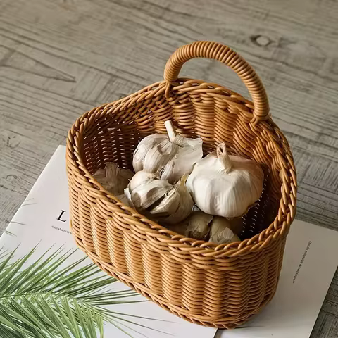 Wall Mounted Vegetable and Fruit Basket, Simulated Rattan Hanging Basket, Plastic Wall-mounted Hanging Basket, Home Decoration 8 best sales wall mounted basket - №1