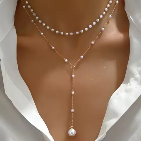 Korean Imitation Pearl Double Layered Fashion Big Ball Bead Pendant Tassel Necklace Women's Sexy Front Chest Body Jewelry 10 best sales double pearl necklace - №1