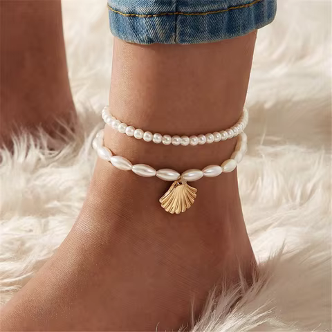 Modyle New Fashion Bohemian Simulated Pearl Chain Wedding Anklet Bracelet for Women Gold Color Shell Pendant Anklet Jewelry Gift 6 best sales feet jewelry - №1