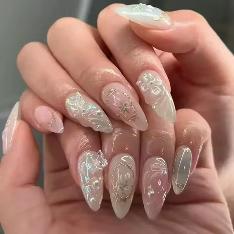 24Pcs Pink Almond False Nails Butterfly Ballet with French Design Wearable Fake Nails Simple Artificial Press on Nails Tips Art 8 best sales palm angels glasses - №3