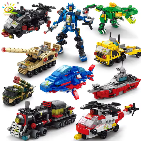HUIQIBAO 6IN1 City Engineering Car Police Truck Building Blocks Tank Helicopter Bricks Fire Fighting Set Toys for Children 10 best sales police lego - №2