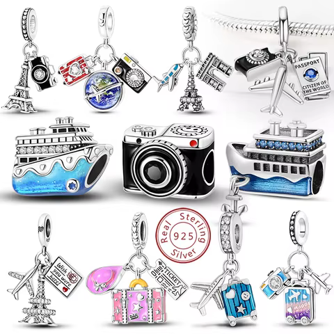New 925 Sterling Silver Charm Airplane Camera Suitcase Love Travel Life DIY Beads Fit Original Charms Bracelet Jewelry 8 best sales travel charm - №6