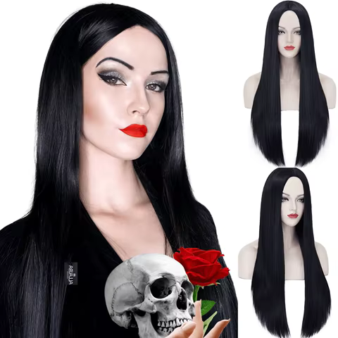 Long Black Wig for Morticia Addams Costume, Cher Costume Halloween Wig for 70s Party Witch Costume Wig for Women 10 best sales cher - №4