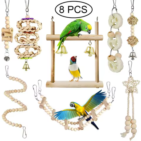 8PCS Bird Toys for Parakeets, Parrot Swing Chewing Hanging Standing Wooden Toys Bird Cage Accessories 10 best sales birds toys - №9
