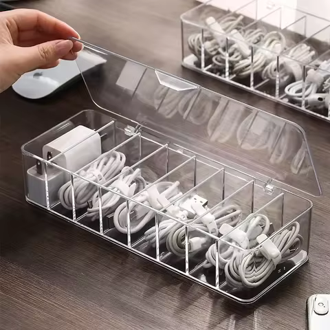 The transparent plastic Data Cable Storage Box household cable MobilePhone Charger Charging Cable Finishing Box Divided Grid Box 6 best sales weed stash box - №4