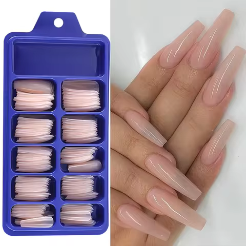 100pcs Nude Pink False Nail Press On Nails Acrylic Extension Coffin Forms Nail Tips Artificial Long Full Cover Fingernails Tools 12 best sales coffin press on nails - №10