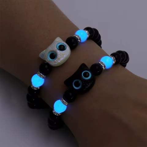 1 PC Matching Bracelets Couples Women Men Luminous Cute Cat Friendship Bracelete Black White Cat Head Bead Strand Bracelet 12 best sales spongebob bracelet - №3