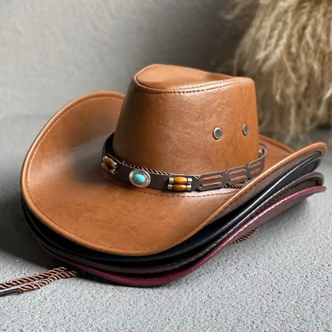 Faux Leather Western Cowboy Hats For Women Men Vintage Gentleman Dress Hats Panama Cowgirl Jazz Cap Sombrero Hombre 12 best sales cowboy hat band - №3
