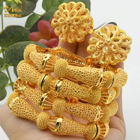 ANIID Women Charm Bracelet Bangle 24K Gold Color Jewelry Dubai Flower Bangle Brand African Designer Ethiopian Hawaiian Jewelry 12 best sales hawaiian bracelet - №3