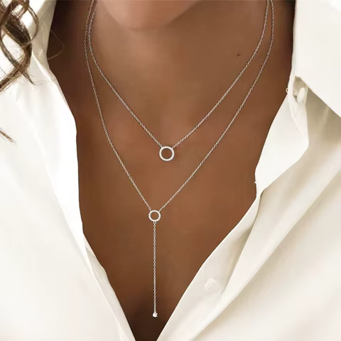 S925 Sterling Silver Double-Deck Circle Zircon Pendant Long O-Chain Choker Necklace 2024 Spring Women Wedding Fine Jewelry 12 best sales s925 post - №3