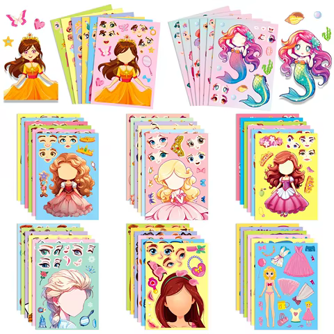 6-42Sheets Children DIY Puzzle Sticker Games 6 Princess Mermaid Make A Face Funny Assemble Jigsaw Stickers Kids Educational Toys 12 best sales game sticker - №8