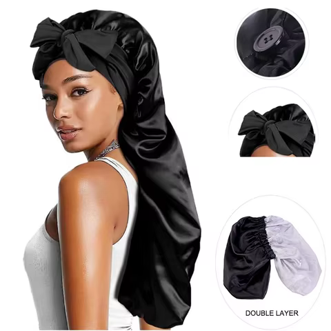 New Women Long Satin Bonnet Sleep Cap Silky Sleeping Cap with Wide Elastic Band Hair Care Curly Hair Natural Hair 12 best sales thermal cap - №10