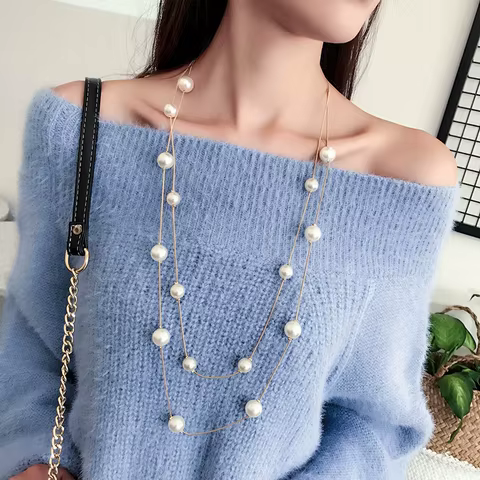New Long Double Layer Simulated Pearl Necklace Women Sweater Chain Female Collares Statement Jewlery Wholesale 2025 10 best sales double pearl necklace - №7