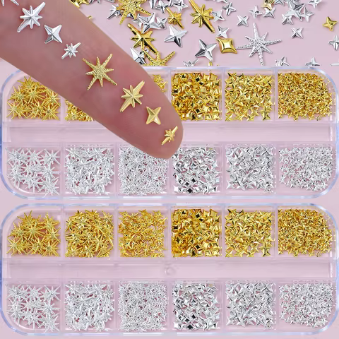 1000Pcs-12grids 3D Gold Silver Star/Cross Nail Rivet Studs Alloy Metallic Starlight Nail Charms Y2K 3d Cross/Star Manicure Rivet 10 best sales nail cross charms - №5