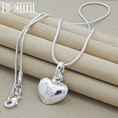 DOTEFFIL Silver Color Solid Small Heart Pendant Necklace 16-30 Inch Snake Chain For Women Wedding Charm Fashion Jewelry 12 best sales raymarine - №6