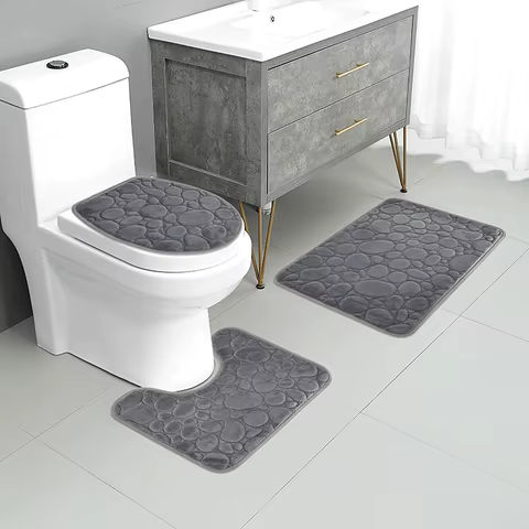 1 Set of Solid Color Simple Bathroom Water-absorbing and Non-slip Floor Mat Stone Pattern, Comfortable and Soft, Three-piece Set 8 best sales anti slip shower mat - №7