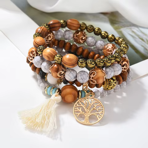 4Pcs Bohemia Tree Of Life Charm Beaded Bracelet Set For Women Handmade Wood Beads Chain Bangle Female Boho Jewelry 8 best sales earthy jewelry - №2