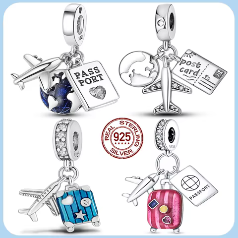 Genuine 925 Sterling Silver Travel Passport Plane Charms Beads Pendants Fit Original Bracelet DIY For Women Jewelry Gift 8 best sales travel charm - №4