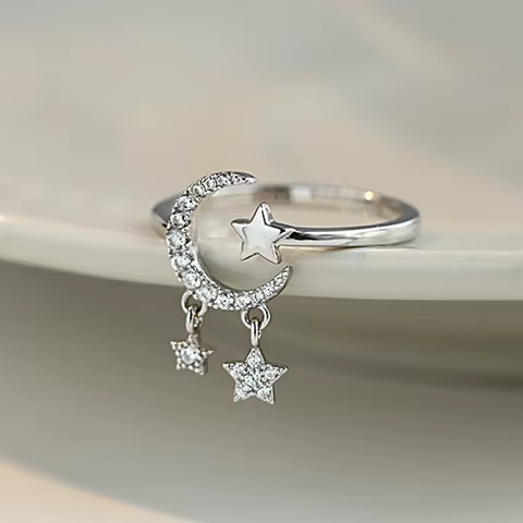New Korean Zircon Star Moon Tassel Rings For Women Silver Color Minimalist Leaves Feather Adjustable Finger Ring Jewelry 10 best sales silver moon ring - №7