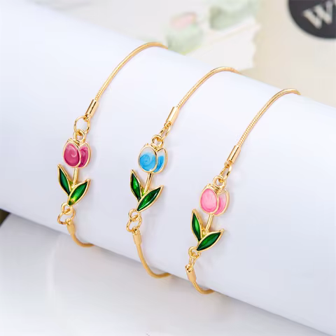 Japan Korea Elegant Tulip Rose Bracelet For Women Girls Sweet Colorful Flower Gold Color Metal Chain Bracelets Aesthetic Jewelry 10 best sales rose gold bangles - №8