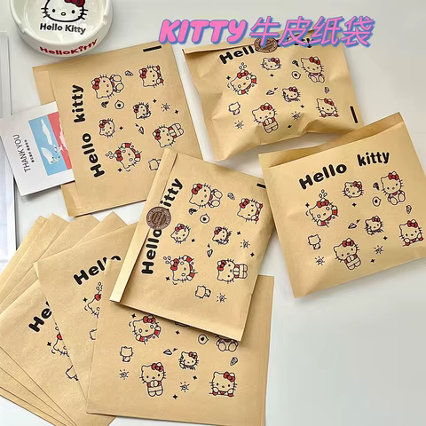 10Pcs Cartoon Hello Kitty Kraft Paper KT CatThickened Gift Bag Food Packaging Bags LargeCapacity Snacks Bags 10 best sales hello kitty packaging - №3
