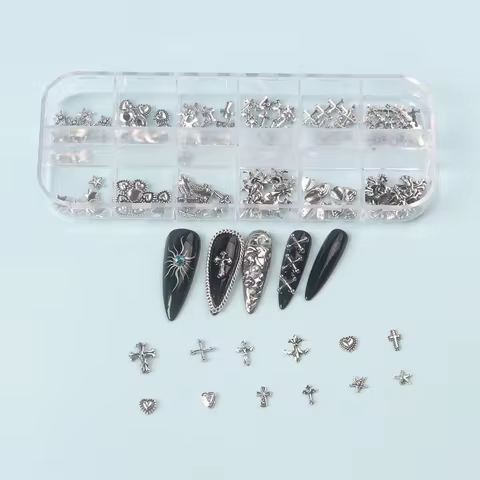 12 Grids Mixed 3D Punk Silver Heart Cross Metal Manicure Nail Decoration Retro Different Design Cross Nails Art Charms 10 best sales nail cross charms - №1