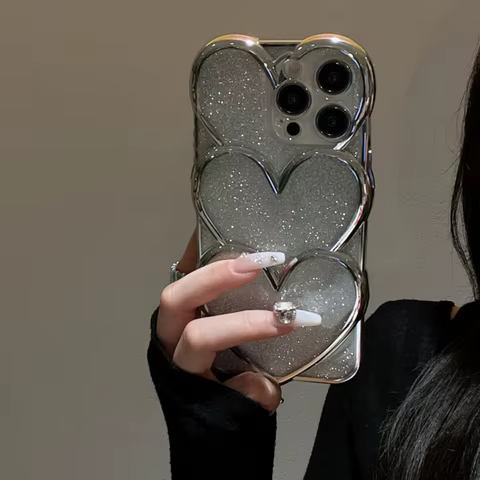 Korean Glitter Silver Overlapping Plating Love Heart Phone Case For iPhone 16 15 14 13 12 11 Pro Max Plus Trendy Girl Back Cover 8 best sales cover iphone 13 pro max gucci - №4