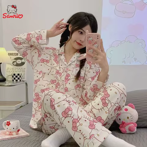 Sanrio Long Pajamas Hello Kitty Kawaii Short Sleeved Loose Sleepwear Pajamas Sets Short Clothes Girl Home Dress Gifts 12 best sales sanrio pjs - №2