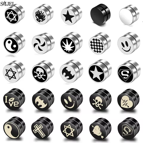 Stainless Steel Non-Piercing Magnetic Stud Earrings Unisex Punk Black Heart Star Cross Skull Ear Clip Jewelry Fake Piercing Gift 8 best sales men magnetic earrings - №6
