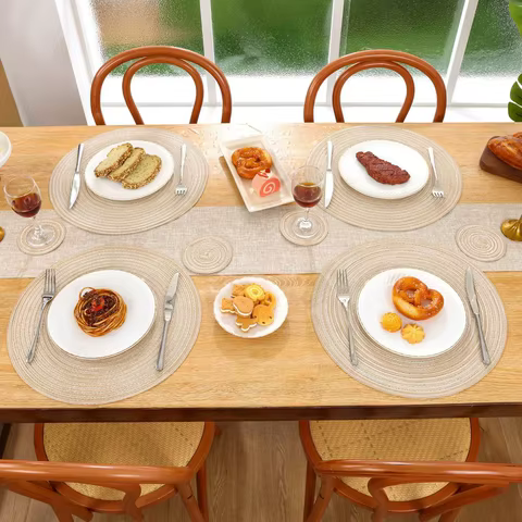 Set of 6 Round Placemats and Coasters Braided Woven Place Mats Washable Heat Resistant Table Mats and Coasters for Dining Table 10 best sales round table mat 90cm - №2