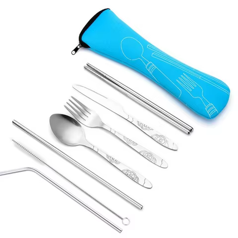 7pcs/ Set Stainless Steel Tableware Set Outdoor Portable Cloth Bag Knife Fork Spoon Chopsticks Straw Rich Flowers Seven Sets 10 best sales fork and spoon - №4