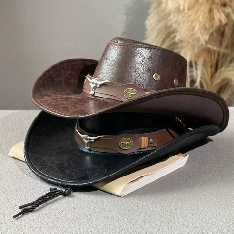 Faux Leather Western Cowboy Hats For Women Men Vintage Gentleman Dress Hats Panama Cowgirl Jazz Cap Sombrero Hombre 12 best sales cowboy hat band - №4