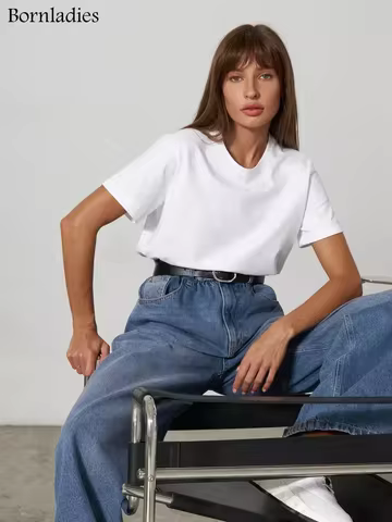 Bornladies Summer 100% Cotton Women's T-shirt Bottoming Basic Fashionable Solid Lady Short Sleeve Loose Tops Shirts 230g/㎡ Tops 8 best sales replica ralph loren - №4