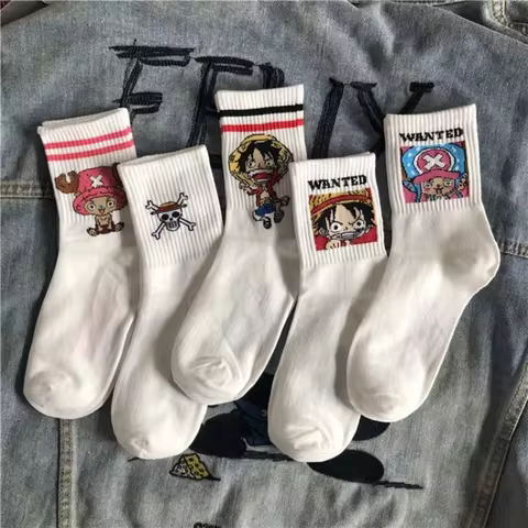 5Pair Anime One Piece Socks Cartoon Luffy Chopper Student Cotton White Long Short Boat Socks Printed Knitted Socks Children Gift 12 best sales spongebob bracelet - №7