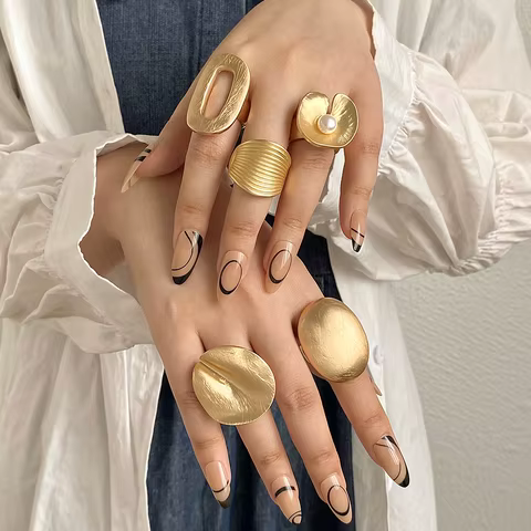 ALLYES Fashion Elastic Rope Adjustable Rings for Women Men Irregular Geometric Matte Chunky Gold Color Finger Ring Charm Jewelry 12 best sales chunky gold rings - №8